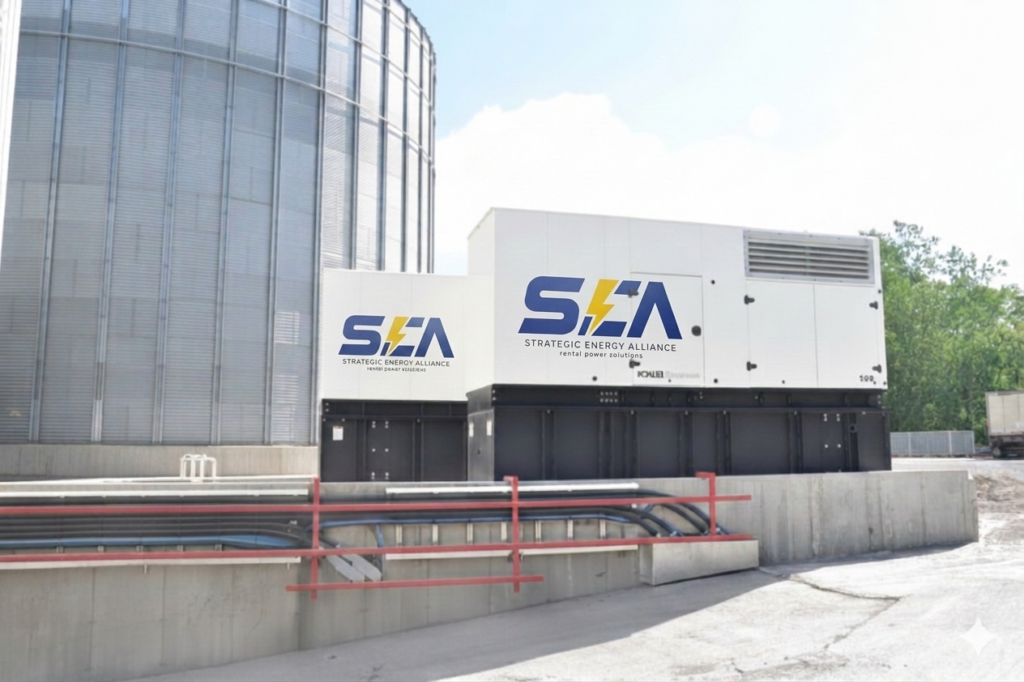 Dos generadores industriales blancos con el logo de Strategic Energy Alliance (SEA) instalados frente a un gran silo metálico en un complejo industrial.