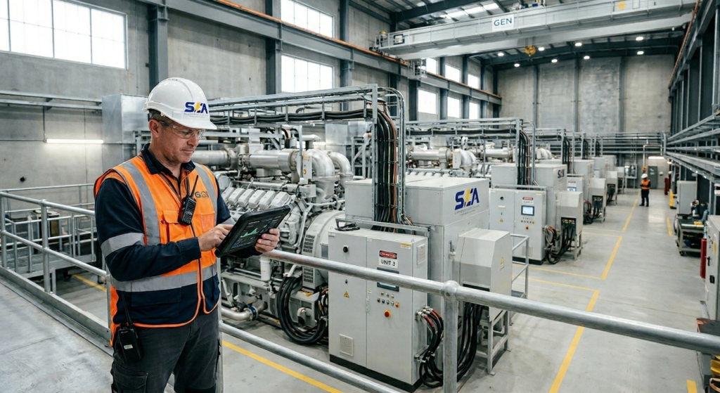 Un gerente de planta con casco y chaleco de seguridad usa una tableta para gestionar la carga crítica en una sala de selección de grupos electrógenos industriales.