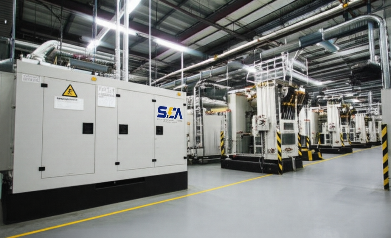 generadores eléctricos industriales SEA instalados en una planta moderna con infraestructura técnica aérea y pisos industriales pulidos.