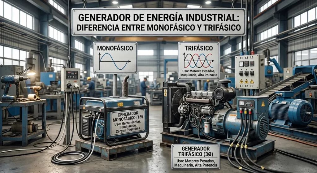 "Infografía comparativa en un taller industrial que muestra las diferencias entre un generador monofásico (izquierda, con gráfico de una onda) para herramientas y cargas pequeñas, y un generador trifásico (derecha, con gráfico de tres ondas y conexión L1, L2, L3) para motores pesados y alta potencia."