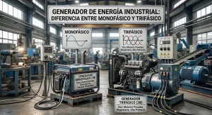 "Infografía comparativa en un taller industrial que muestra las diferencias entre un generador monofásico (izquierda, con gráfico de una onda) para herramientas y cargas pequeñas, y un generador trifásico (derecha, con gráfico de tres ondas y conexión L1, L2, L3) para motores pesados y alta potencia."