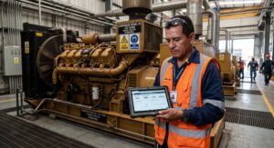 ngeniero de mantenimiento industrial en México revisando una tablet robusta Getac frente a un gran generador diésel Caterpillar (CAT 3516B). La pantalla muestra datos operativos para el cálculo de potencia activa (kW) y aparente (kVA).